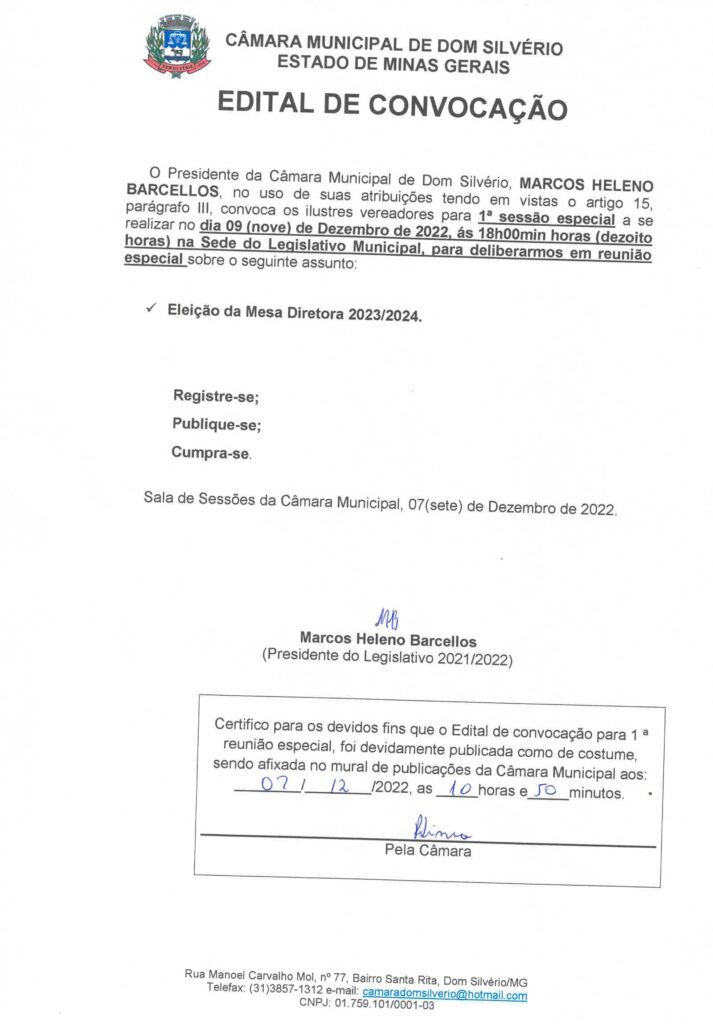 PUBLICADO EDITAL DE CONVOCAÇÃO DE ELEIÇÃO DA MESA DIRETORA PARA